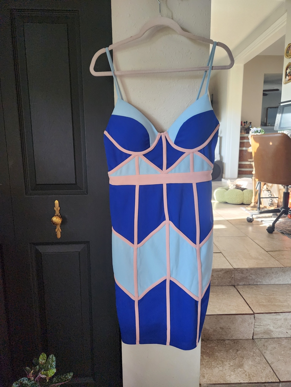Colorblock Blue & Light Blue Bodycon Dress with Pink Trim